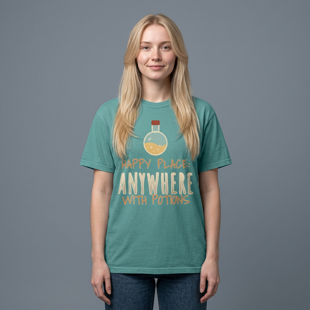 A woman with long blonde hair stands against a solid gray background wearing a teal graphic t-shirt with the text 'HAPPY PLACE ANYWHERE WITH POTIONS' and an illustration of a potion bottle, paired with dark blue jeans.