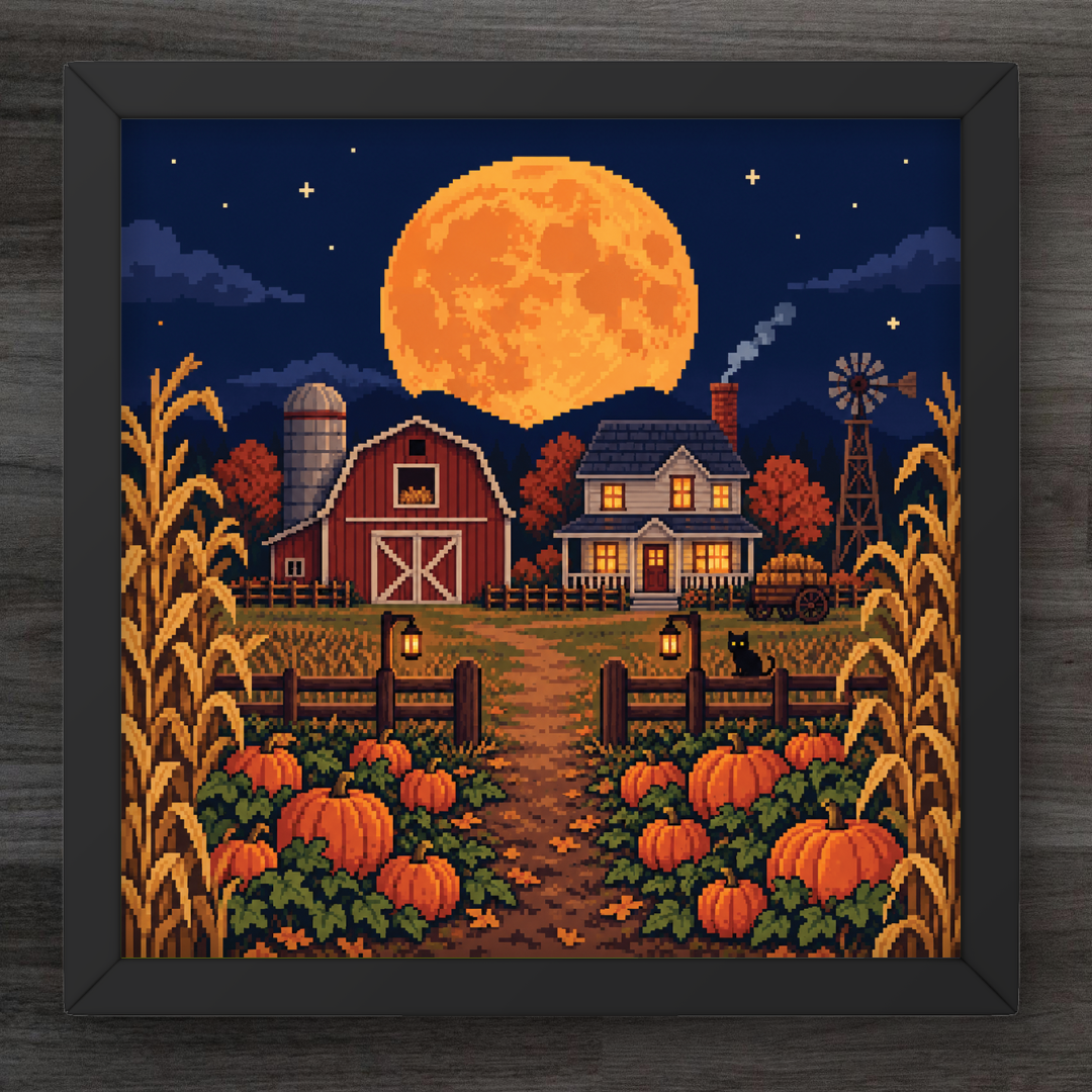 A framed pixel art cross-stitch style design of a cozy autumn farm scene at night, featuring a large glowing orange moon, barn, house, cornstalks, pumpkins, fence, and windmill on a dark wood background.