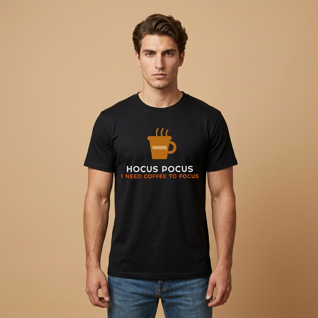 A man wearing a black short-sleeve t-shirt with a coffee-themed graphic that reads 'HOCUS POCUS I NEED COFFEE TO FOCUS' in white and orange text, paired with blue jeans, set against a solid beige background.