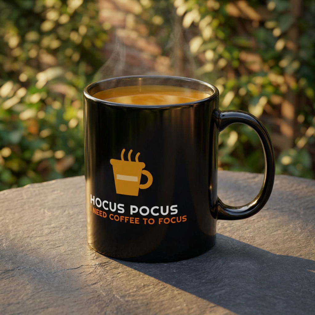 Glossy black mug on a stone table outside that says "Hocus Pocus I need coffee to focus"