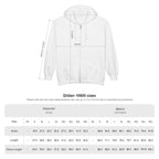 White hoodie with measurement chart on a white background
