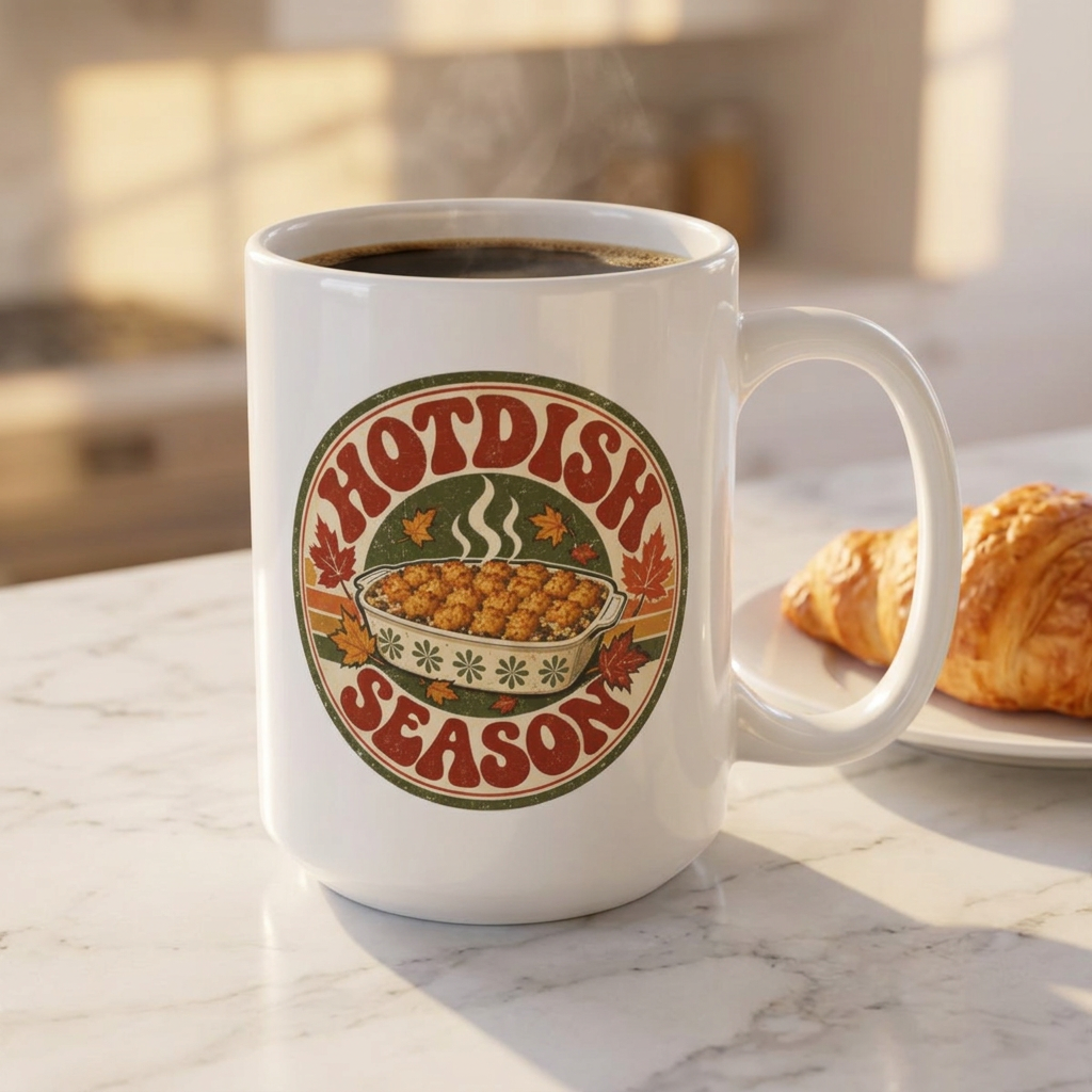 A white ceramic coffee mug with a 'Hotdish Season' graphic, filled with black coffee and sitting on a marble countertop next to a croissant.