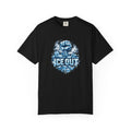 A black short-sleeve crewneck t-shirt featuring a graphic print on the front. The graphic shows a blue and white icy design with a clenched fist and the word 'ICE OUT' in a bold, icy font.
