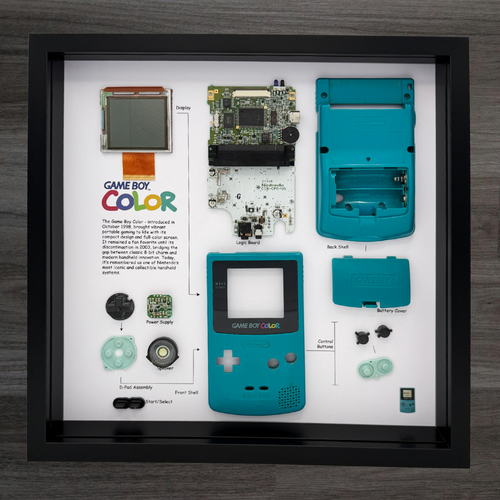 Framed display of a disassembled turquoise Game Boy Color with labeled parts on a white background.