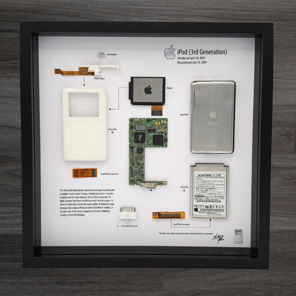 Framed display of Apple iPod 3rd generation components on a wooden surface