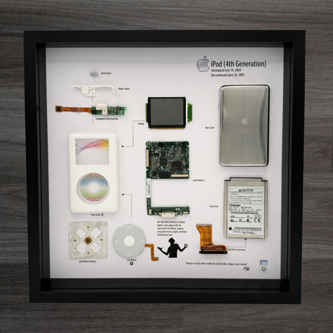 Framed display of iPod (4th Generation) components on a wooden surface