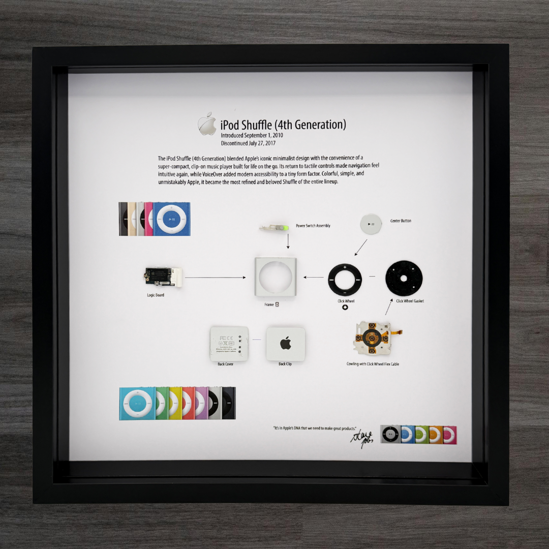 Framed diagram of iPod Shuffle 4th Generation on a wooden surface