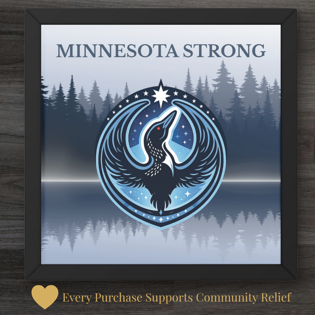 Framed artwork with 'Minnesota Strong' design featuring an loon and star, set against a forest background.