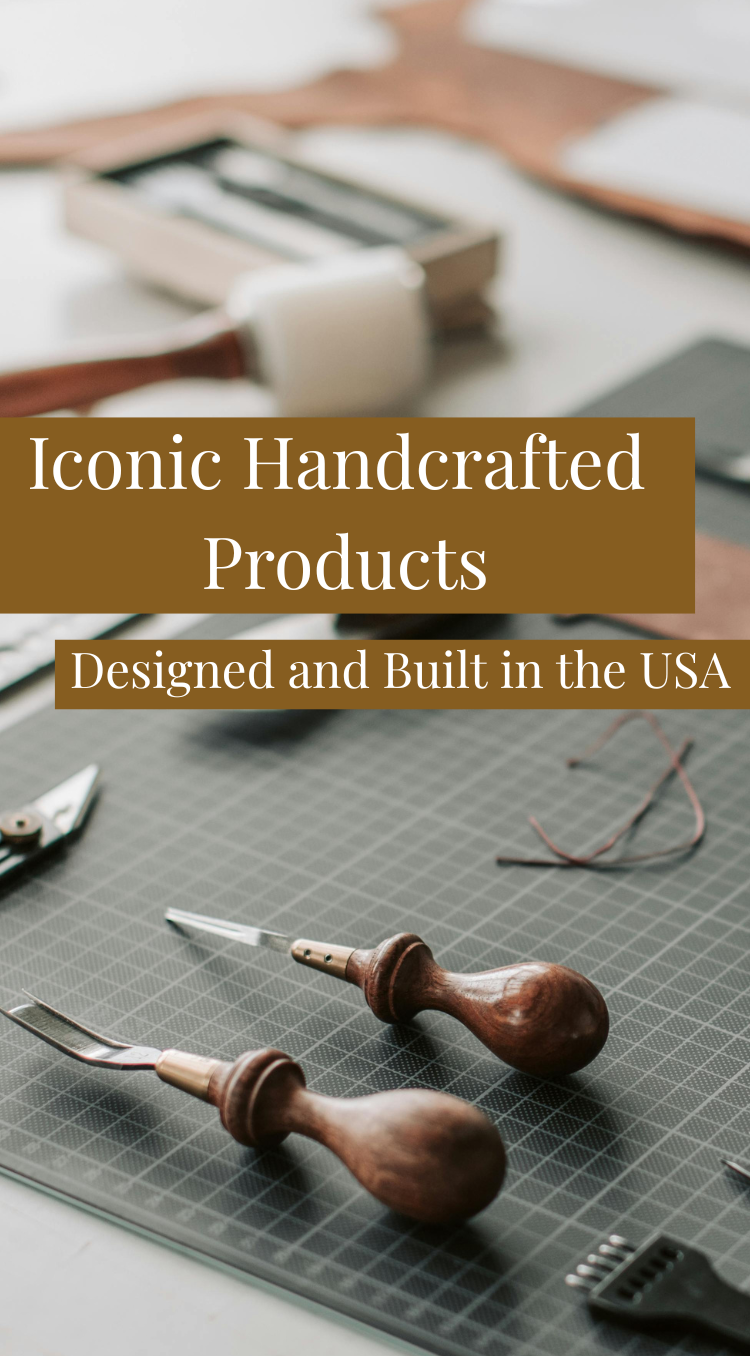 Handcrafted tools on a workbench with text 'Iconic Handcrafted Products Designed and Built in USA'.