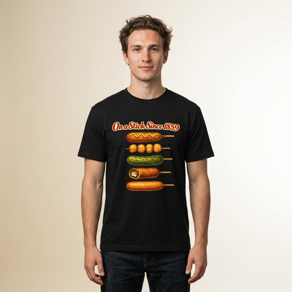 A man wearing a black graphic t-shirt with a retro-style food print that reads 'OneStick Since 1969' above four different grilled skewered foods. The background is a clean, warm off-white studio backdrop.