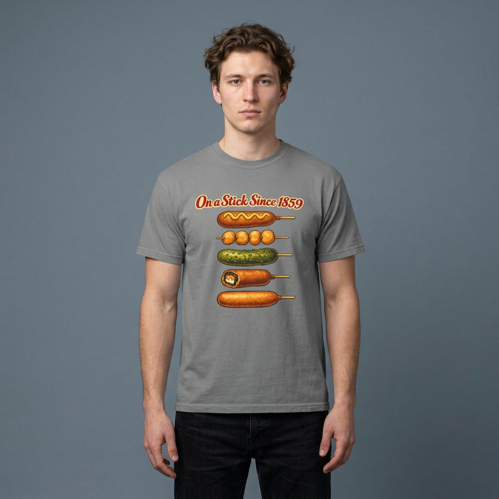 A man wearing a heather gray t-shirt with a graphic print of various corn dogs on a stick, labeled 'On a Stick Since 1859'.