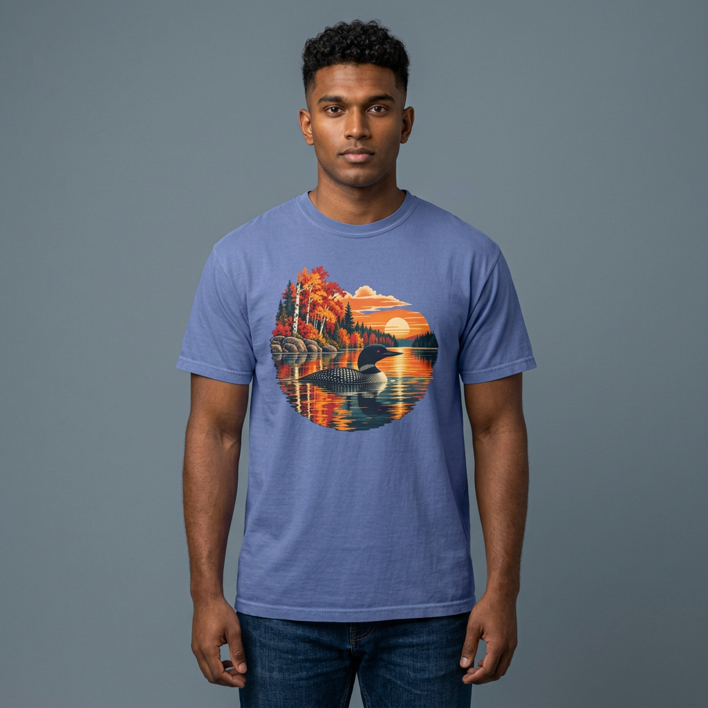 A man wearing a blue t-shirt with a circular graphic print of an autumn lakeside landscape, set against a solid gray studio background.