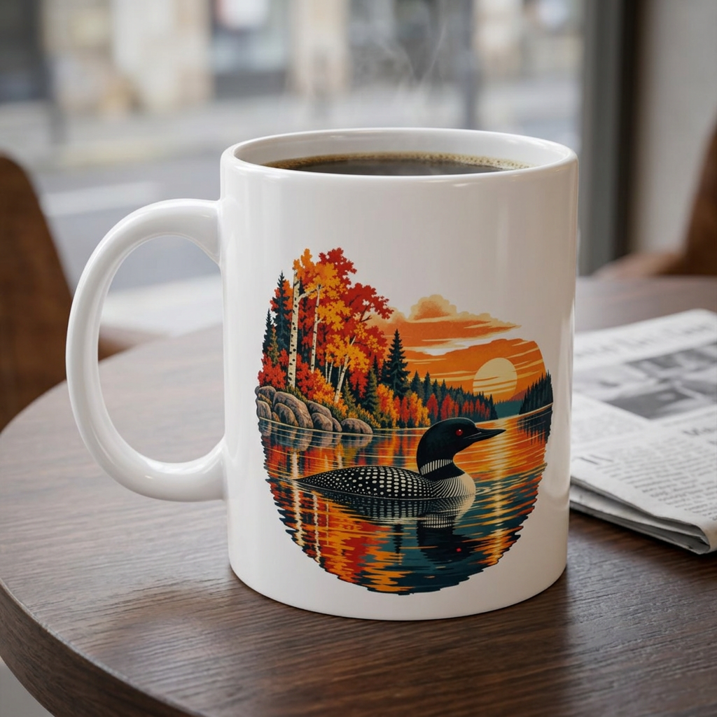 A white ceramic coffee mug with a colorful printed design of a loon in a lake surrounded by autumn trees, sitting on a wooden table next to a newspaper.