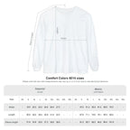 White sweatshirt with measurement chart on a white background
