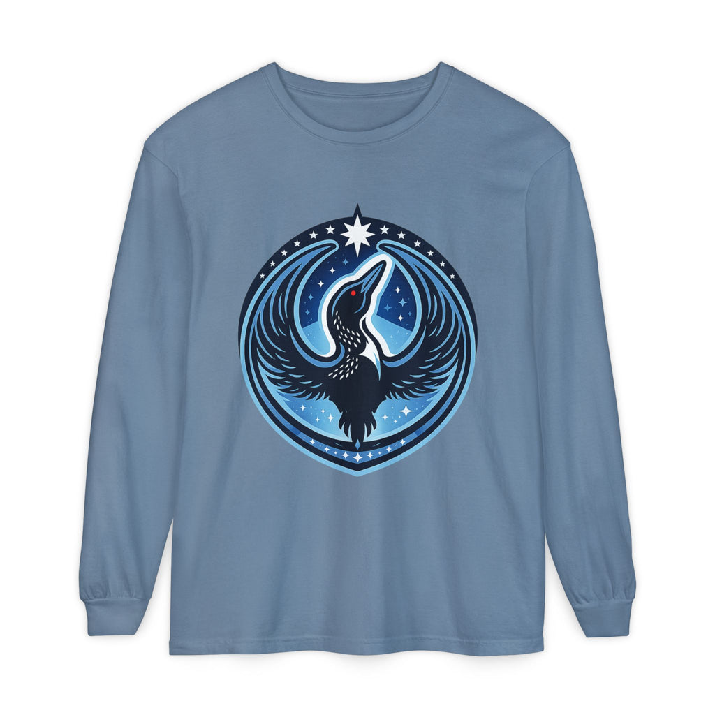 Blue long-sleeve shirt with a graphic design of a bird and star on a white background