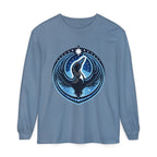Blue long-sleeve shirt with a graphic design of a bird and star on a white background