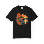 A black short-sleeve crewneck t-shirt featuring a circular graphic print of a loon in a lake surrounded by colorful autumn trees and mountains.
