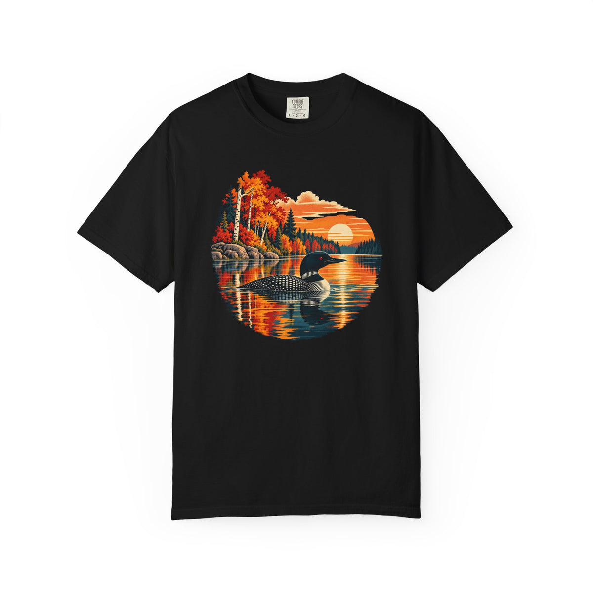A black short-sleeve crewneck t-shirt featuring a circular graphic print of a loon in a lake surrounded by colorful autumn trees and mountains.