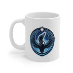 White mug with a blue and black emblem featuring a bird and stars on a white background