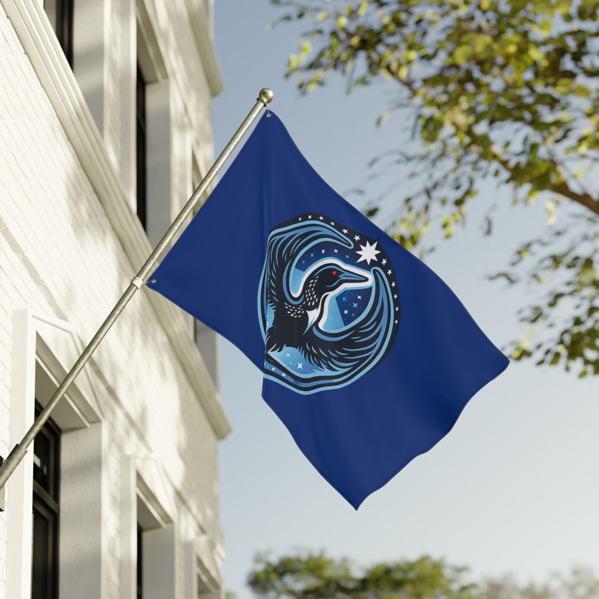 A Rebel Loon Flag hanging off of a building