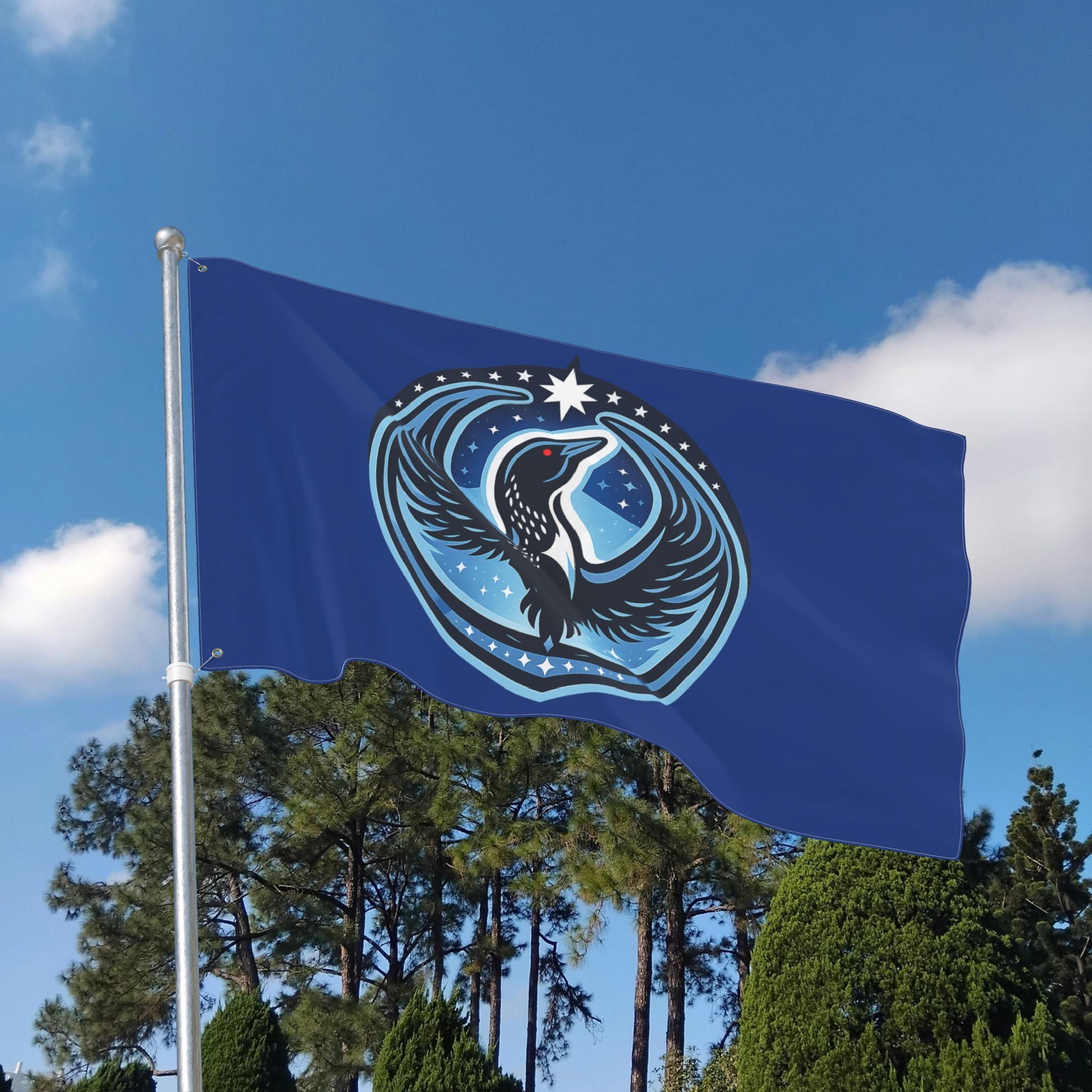A Rebel Loon Flag waving in the wind on a flagpole with trees and sky in the background