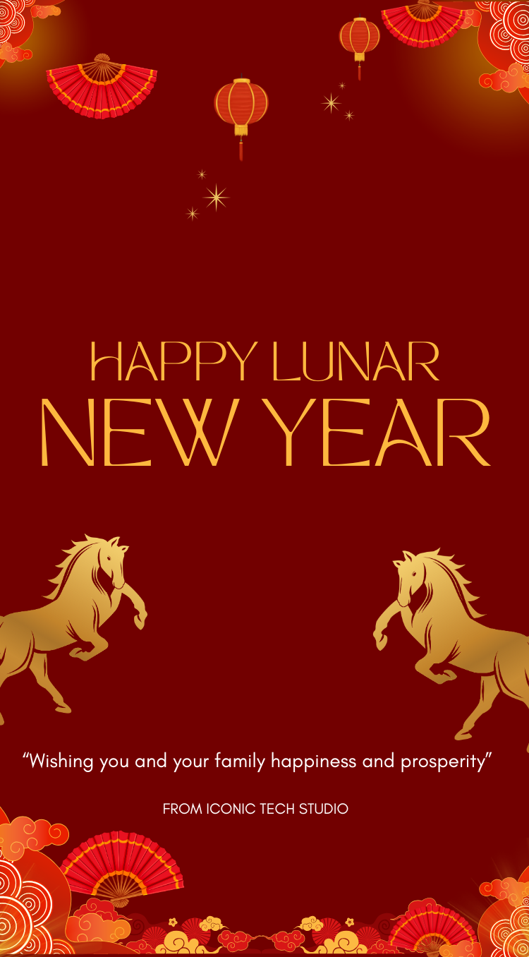 Happy Lunar New Year card with horses, lanterns, and traditional elements on a red background.