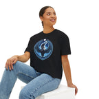 Person wearing a black t-shirt with a blue graphic design on a white background