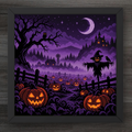 A framed pixel art cross-stitch pattern depicting a spooky Halloween night scene. The artwork features glowing jack-o'-lantern pumpkins in the foreground, a witch in a hat standing in a field, a bare tree with an owl, a haunted house, and a crescent moon under a starry purple sky.