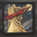 Framed artwork of a stylized map of Minnesota with 'Minnesota' written in red on a starry night background.