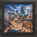 Framed cityscape print of a lit-up Minneapolis scene at night.