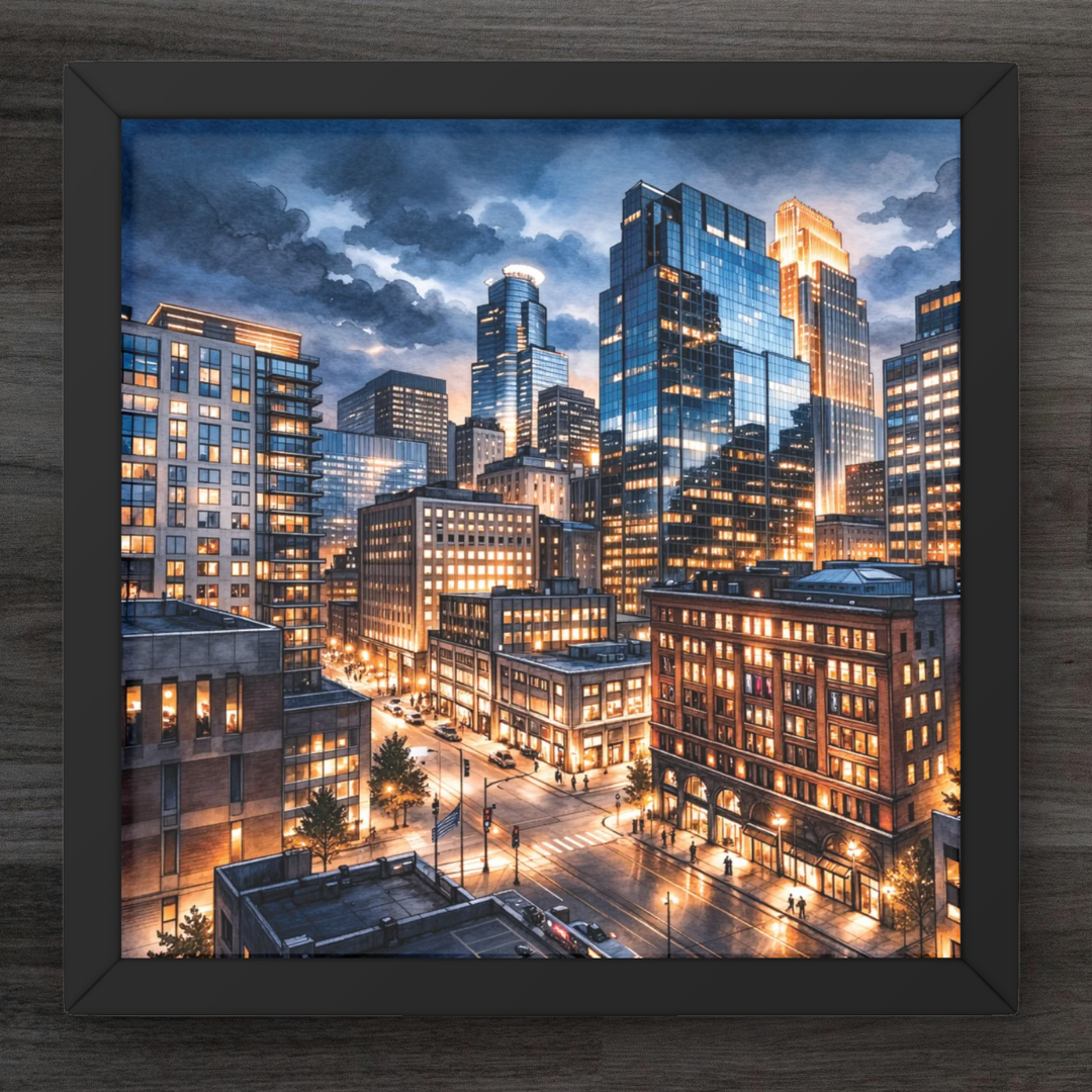 Framed cityscape print of a lit-up Minneapolis scene at night.