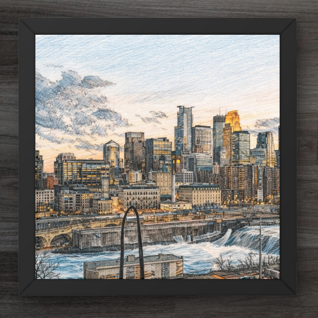 Framed artwork of Minneapolis skyline with a river and bridge.