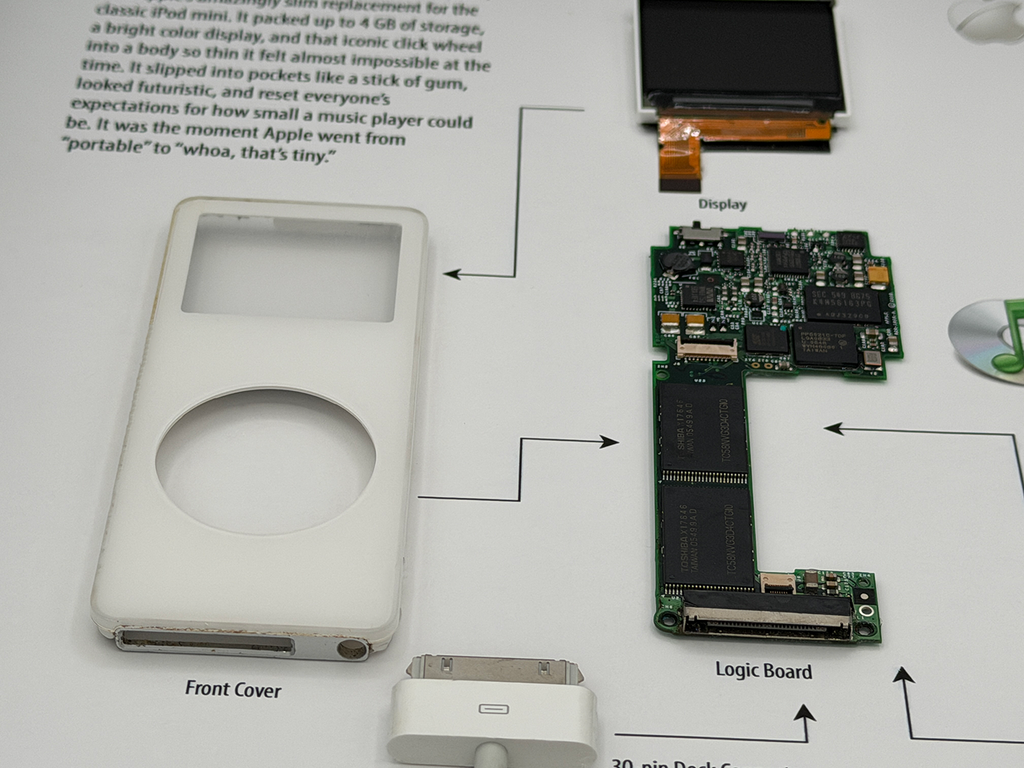 Disassembled iPod nano with front cover, logic board, and other components on a diagram background.