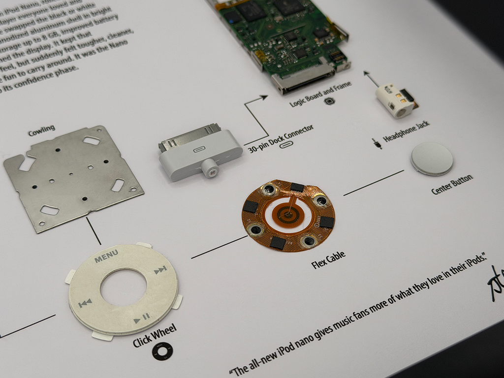 Electronic components laid out on a diagram of an iPod nano.