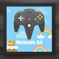 Framed artwork of a Nintendo 64 controller with rainbow and cloud design on a blue background.