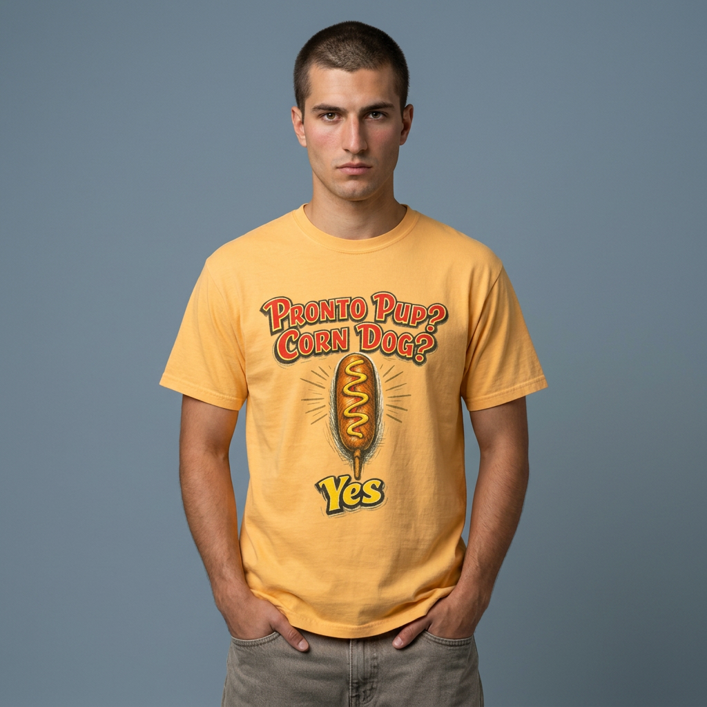 A man wearing a yellow graphic t-shirt with the text 'PRONTO PUP? CORN DOG?' and 'Yes' in front of a corn dog illustration, standing against a solid gray background.