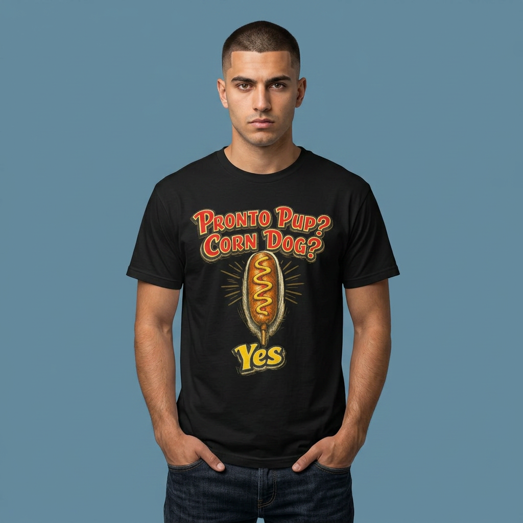 A man wearing a black graphic t-shirt with a corn dog design and the text 'Pronto Pup? Corn Dog? Yes' against a solid blue-gray background.