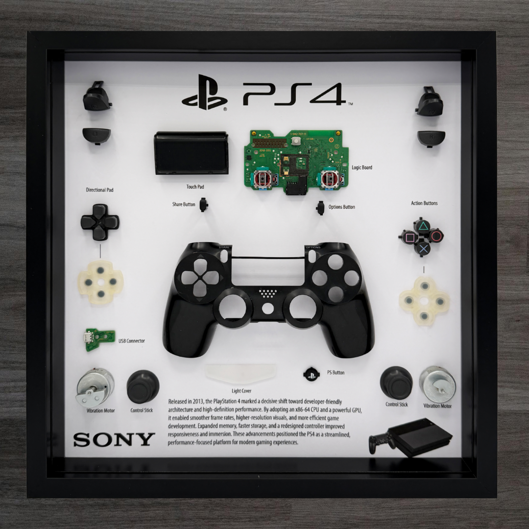 Framed display of a PS4 controller and its components.
