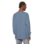 Man wearing a blue long-sleeve shirt on a white background