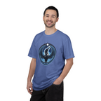 Man wearing a blue t-shirt with a graphic design on a white background