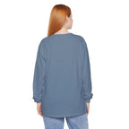 Person wearing a blue long-sleeve shirt on a white background