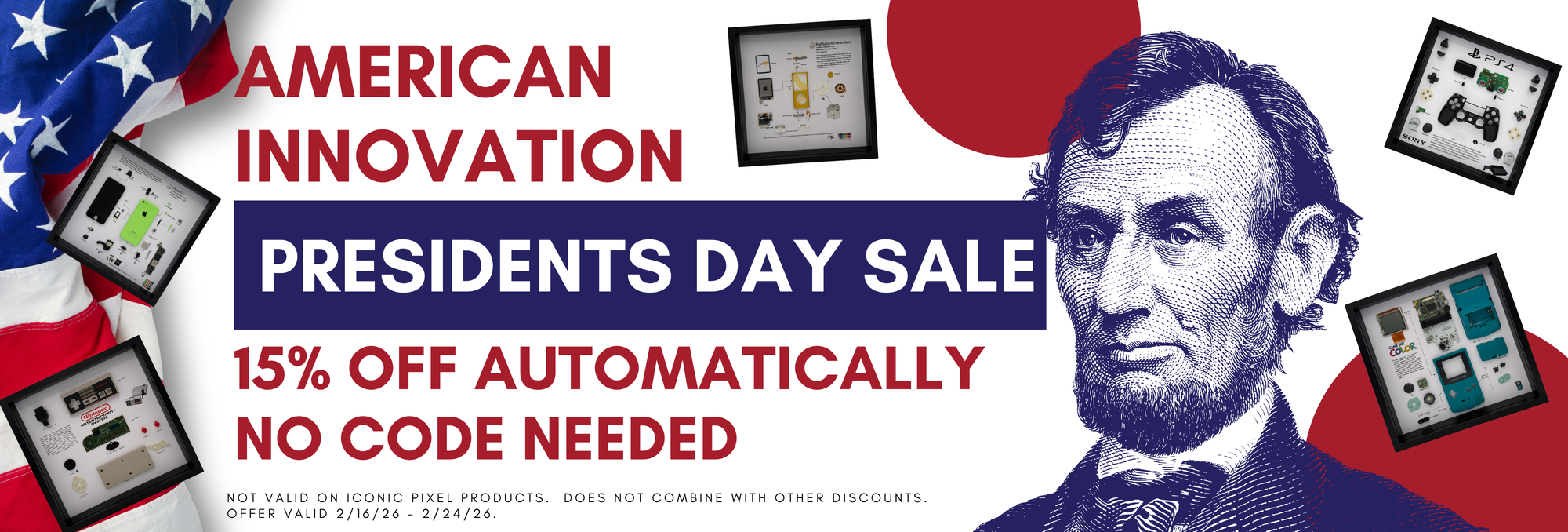 Promotional poster for American Innovation with a discount 15% off offer on a red, white, and blue background featuring an American flag and historical images.