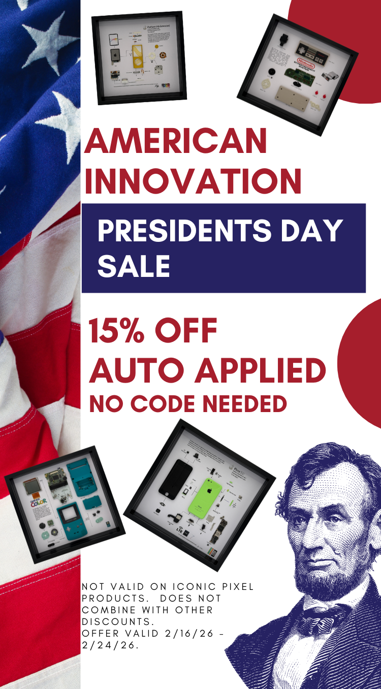 Promotional poster for American Innovation with a discount 15% off offer on a red, white, and blue background featuring an American flag and historical images.