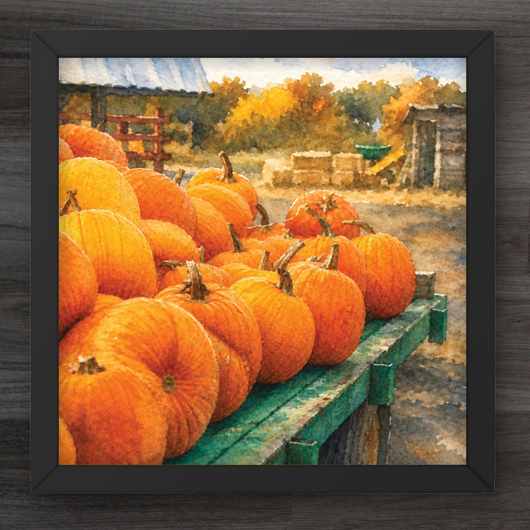 Framed watercolor-style art print depicting a harvest scene with large orange pumpkins on a green bench, set against a dark wood background.