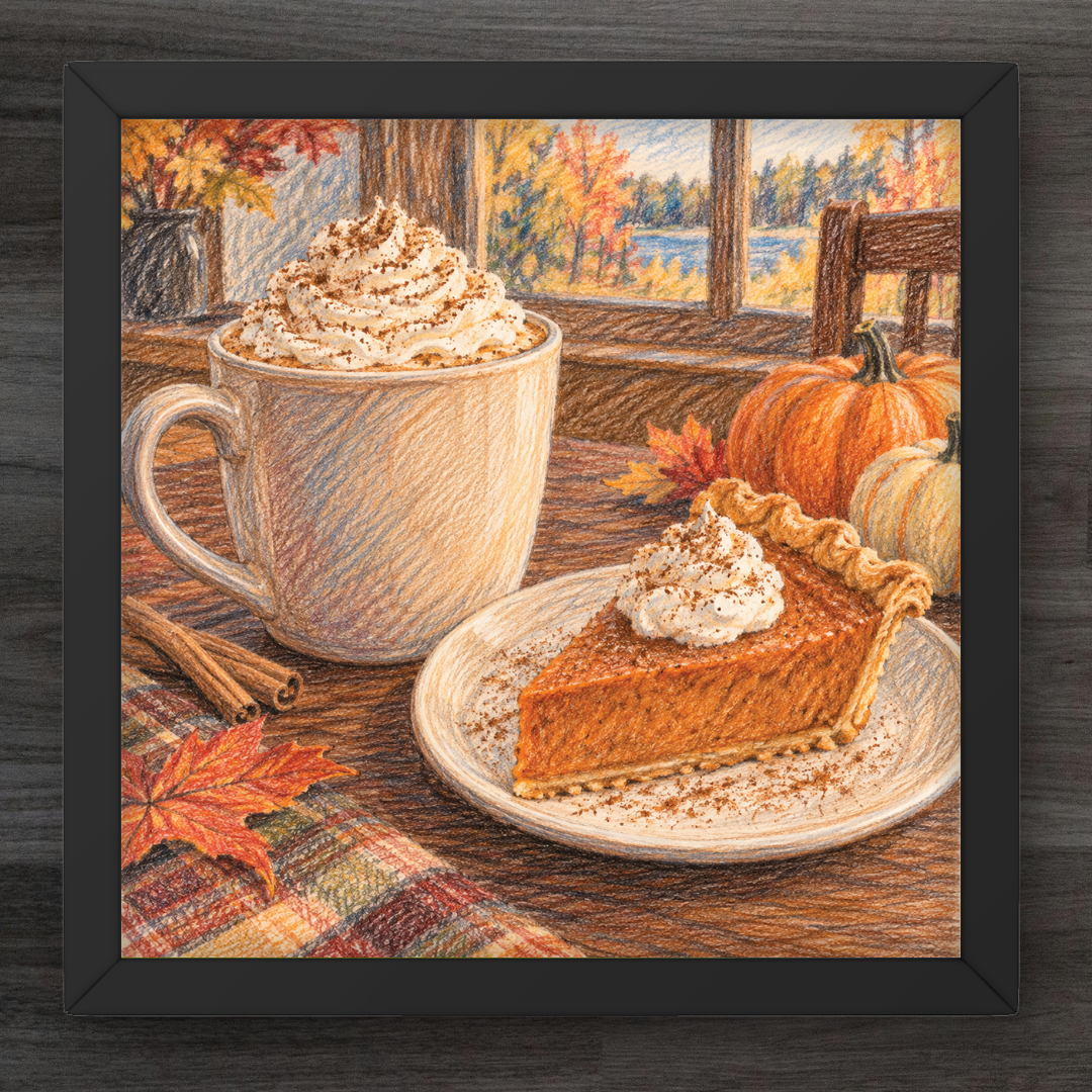 A framed autumn-themed art print showing a mug of whipped coffee with cinnamon, a slice of pumpkin pie on a plate, pumpkins, fall leaves, and a window view, displayed on a dark wood background.