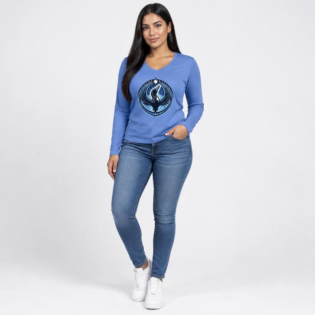 A woman modeling a blue long-sleeve V-neck t-shirt with a circular graphic on the chest, paired with blue skinny jeans and white sneakers, against a light gray studio background.