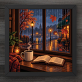 A framed pixel art print depicting a cozy rainy night scene by a window, with a steaming mug, open book, warm streetlights, autumn leaves, and a city skyline in the distance. The artwork is presented in a black frame against a dark wood background.