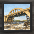 A drawing of the Robert St Bridge with waves crashing along the shore