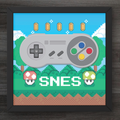 Pixel art-style SNES controller framed on a wooden surface
