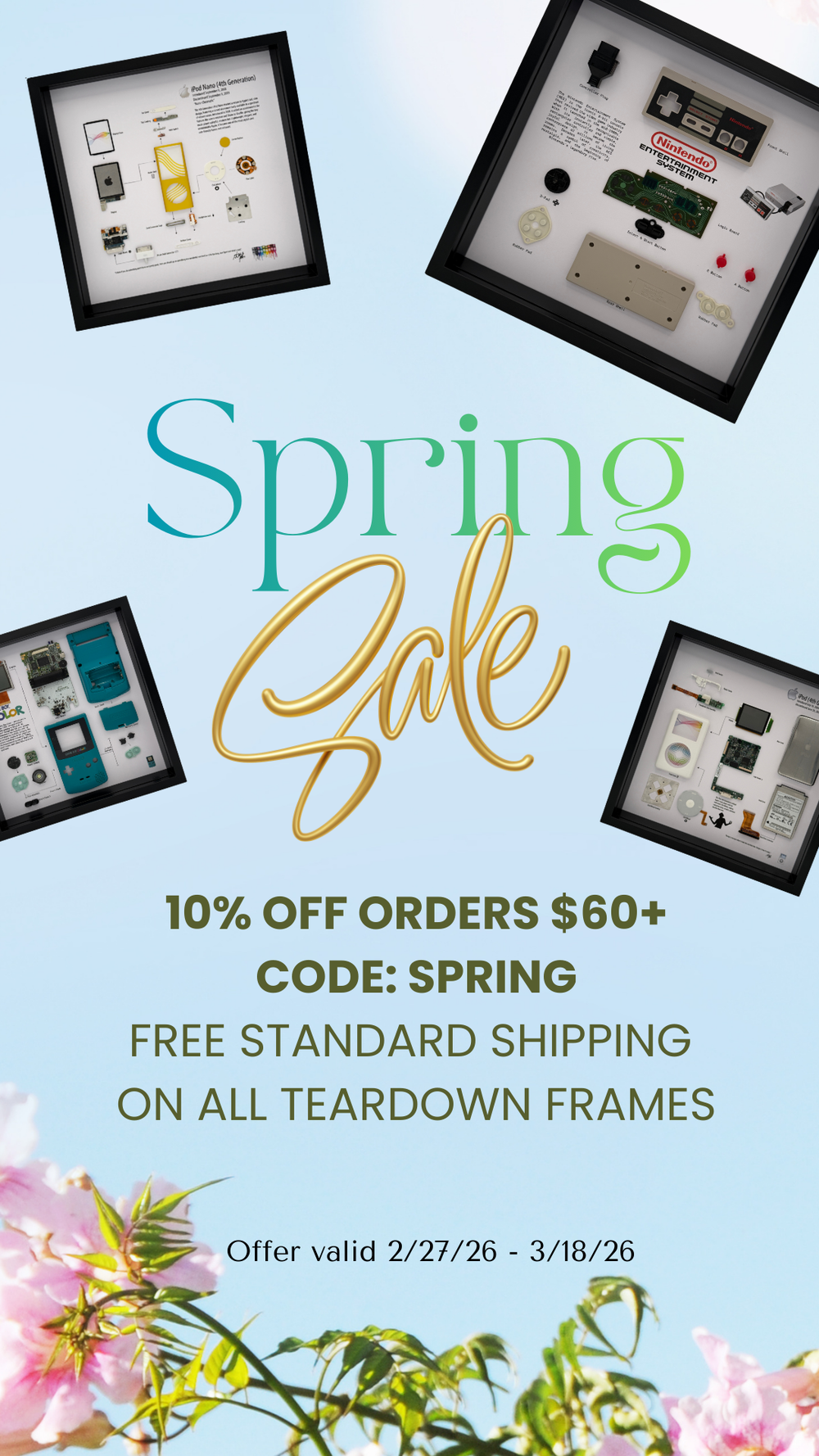 Spring sale advertisement with framed items and promotional text on a light blue background.